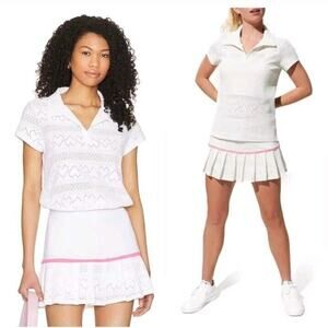 EleVen by Venus Williams Devotion Polo Shirt White Heart Eyelet Country Club Med